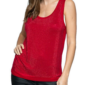 Y2K Vocal Cherry Red Crystal Studded Bling Baddie Club‎ Shimmer Tank Top Small